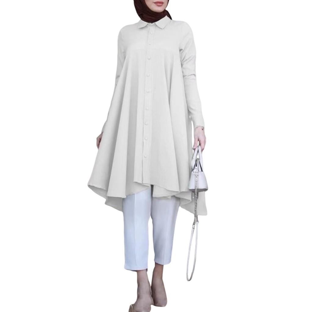 Muslim Women's Lapel Wrap Button Placket Swallowtail Curved Hem Multicolor Long Sleeve Women's Shirt Dresses