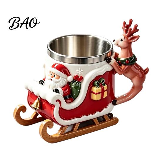 Christmas Coffee Mug Santa Claus with Reindeer Handle, 300ml 3D Resin Holiday Cup Embossed for Hot Cocoa, Winter Home Decor Unique Table Ornament
