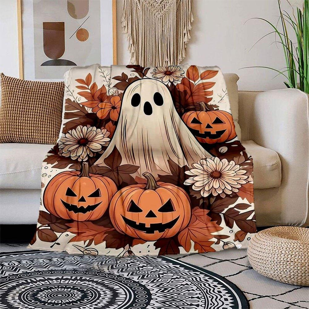 Halloween Ghost and Pumpkins Illustration PrintBlanket Flannel Throw Blanket for Sofa, Bed, Travel, Camping, Office, Couch, Chair