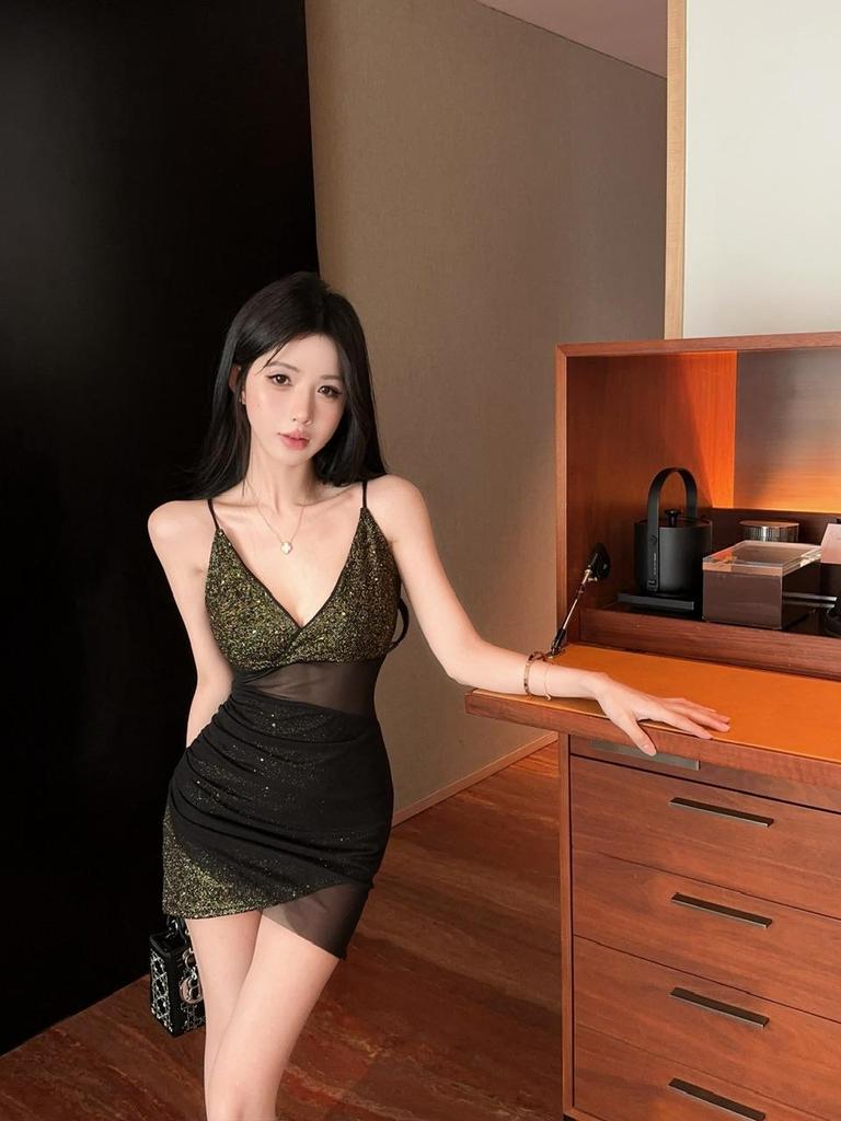 Chic Deep V-Neck Spaghetti Strap Bodycon Dress for Women - Slim-Fit Nightclub Mini Skirt