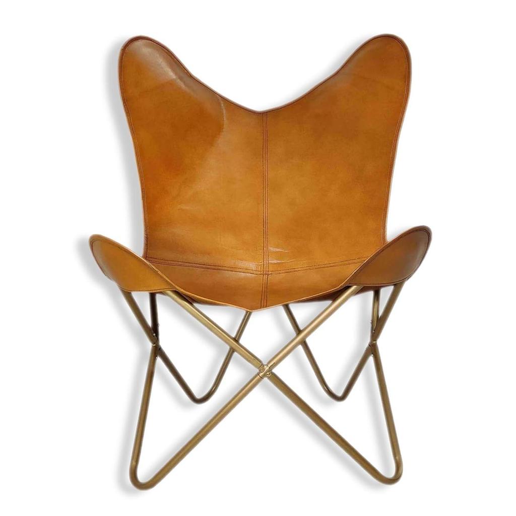 Recliner Folding Tan Brown Leather Butterfly Chair - Comfortable Arm Rest Relaxing Butterfly Chair - with Golden Powder Coated Iron Stand