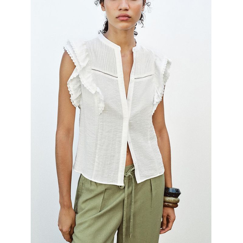 Summer New Women Clothes French Style Sweet Style Vertical Lace Laminated Decoration Sleeveless Shirts 2157042