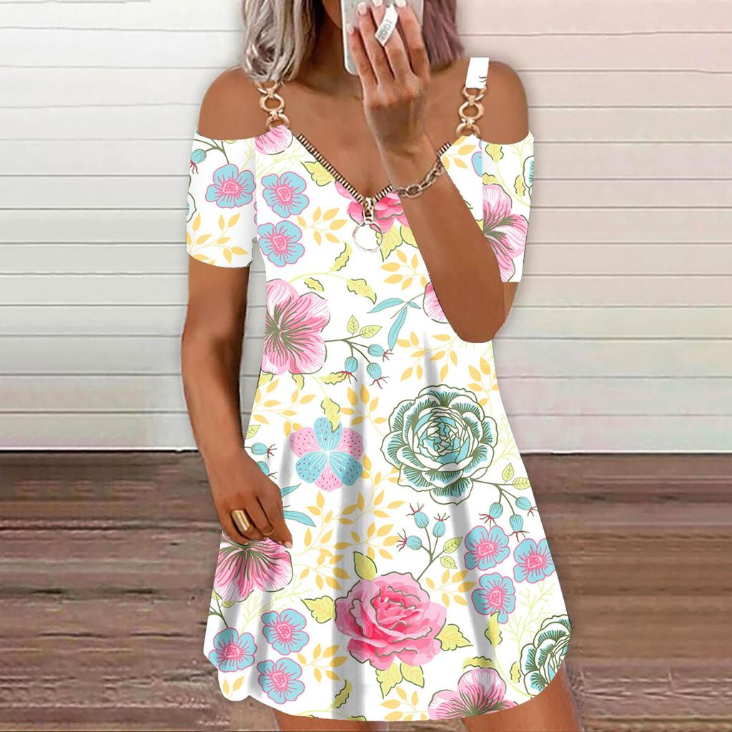 Women's V Neck Short Sleeve Printed Zip Off-shoulder Dress Casual Dress Commuting Dress