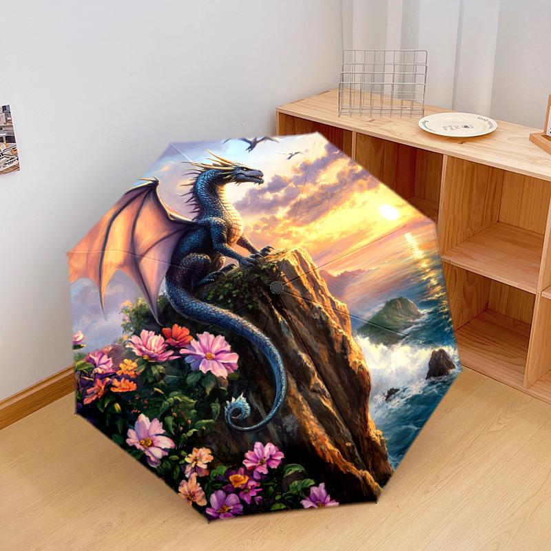 1 PC Automatic Folding Umbrella - Dragon Sunset Pattern, Portable & Foldable Design with 8 Ribs, Christmas Birthday Gifts