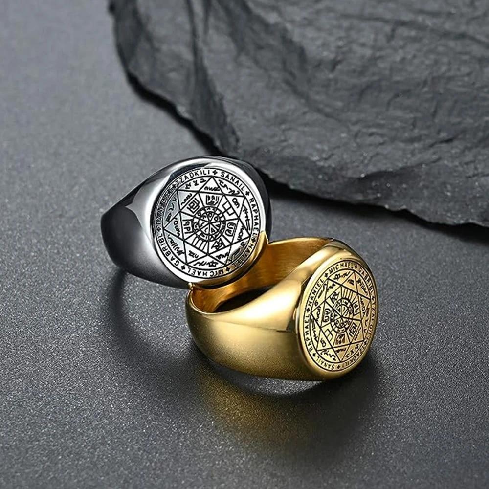 YILUOCD Siegel der Sieben Erzengel Ringe für Männer Der Schlüssel Salomos Ring Kabbala Talisman Amulett Edelstahl Herrenschmuck