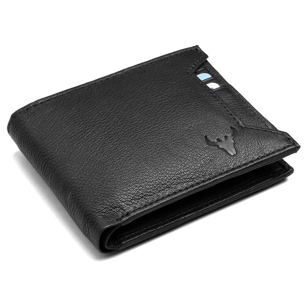 Black Leather Wallet for Men I 3 Card Slots I 2 Currency Compartments I 1 ID Window I 3 Secret Compartments I External Card Slot I 1 Coin Pocket