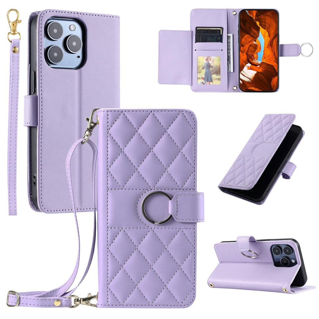 For iPhone 15 Pro Crossbody Leather Case Ring Buckle Wallet Stand Rhombus Mobile Cover