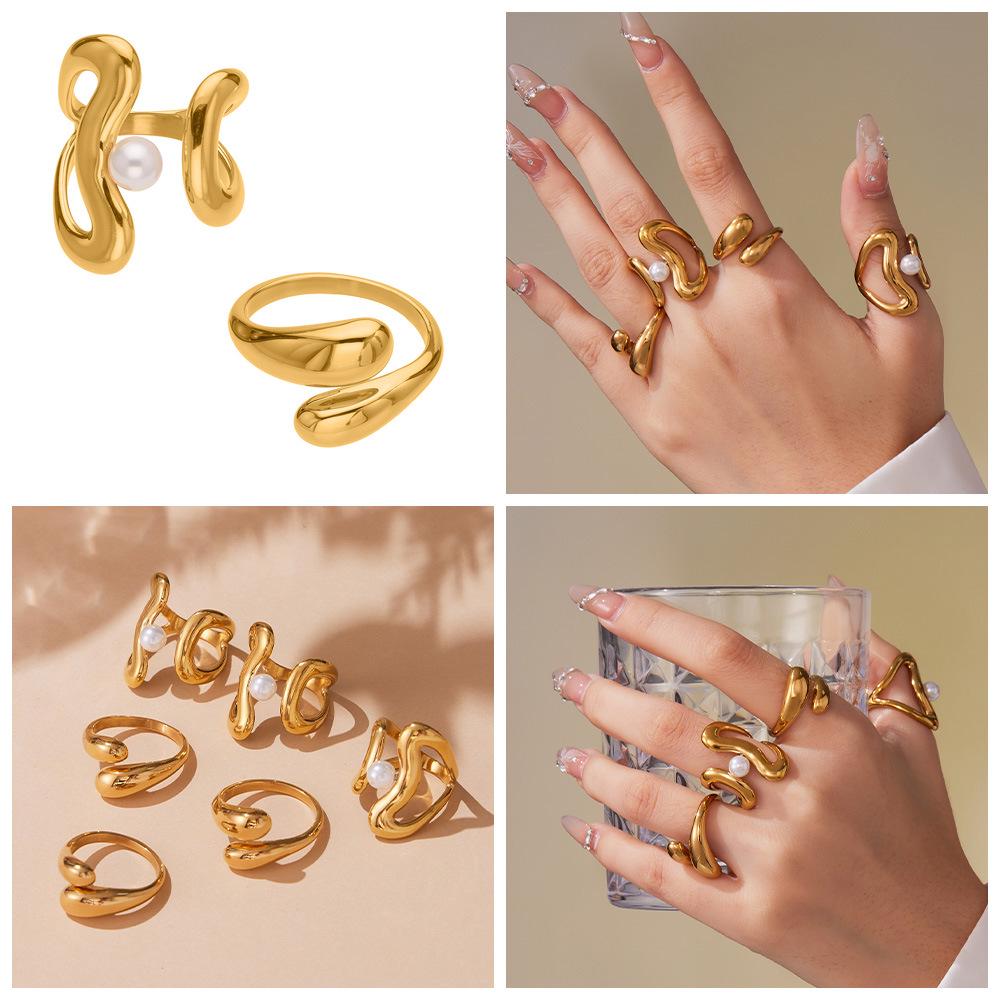 Oumaijia Stainless Steel Geometric Pearl Open Ring - Fashionable Non-fading Jewelry