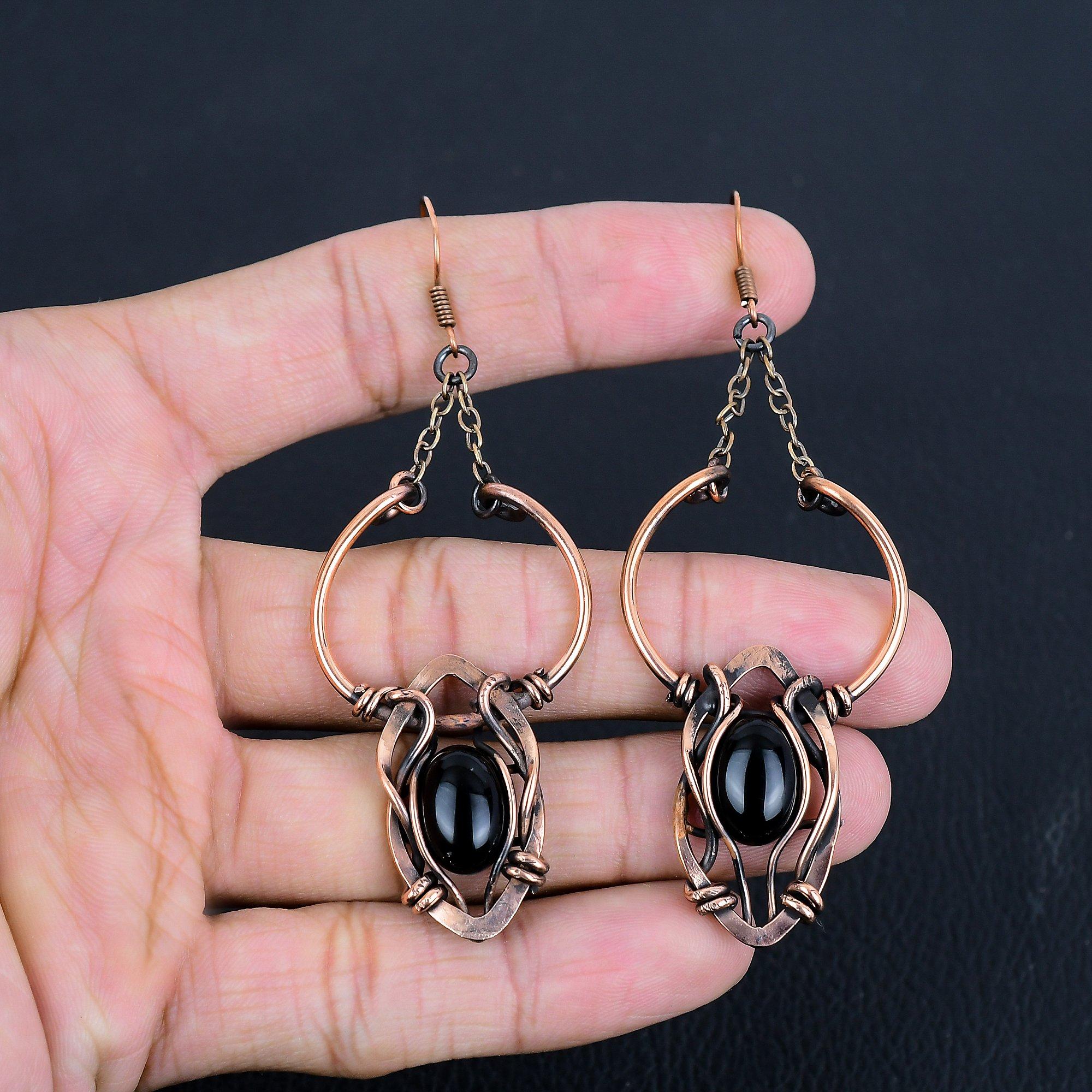 

Black Onyx 999 Copper Wire Wrapped Earrings, Handmade Gemstone Jewelry Earrings For Memorial Day 2.55 Inches