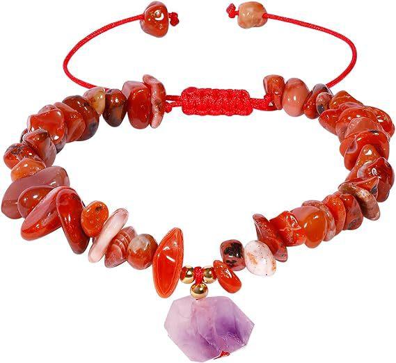 

Браслет из натурального хрустального гравия, нерегулярный, с аметистовым кулоном, браслет своими руками, украшения из разноцветного гравия, бисерные украшения красный
