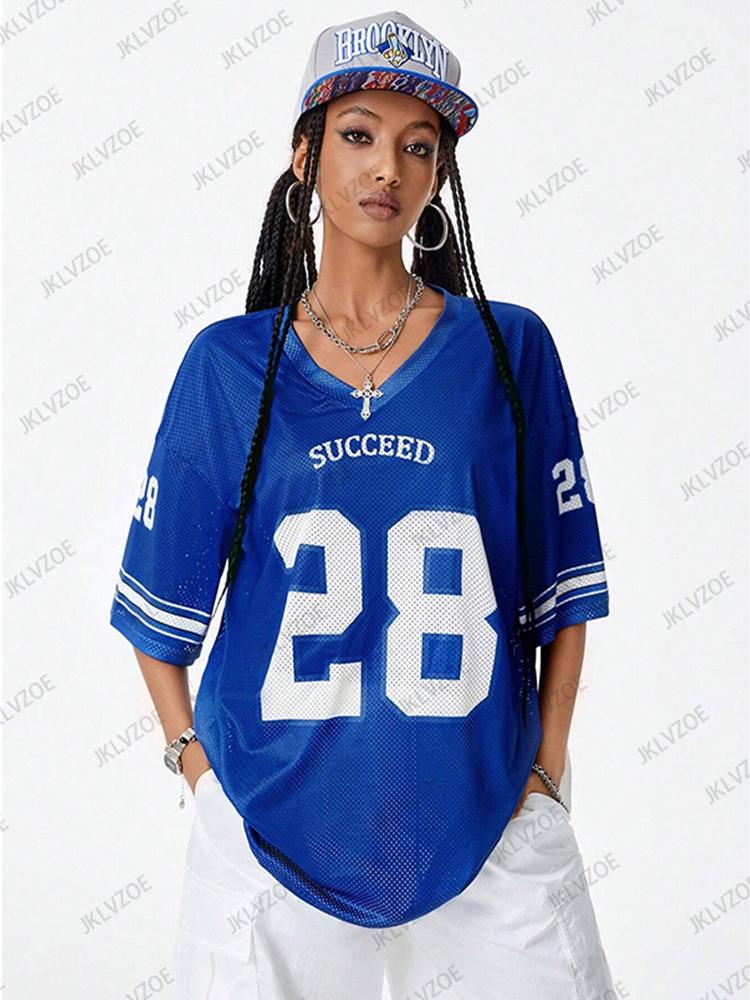 2025 Summer New Blue Succeed Print T-Shirt For Women V-Neck Short Sleeve Sports Football Jersey Y2K Casual Loose Oversized Tops