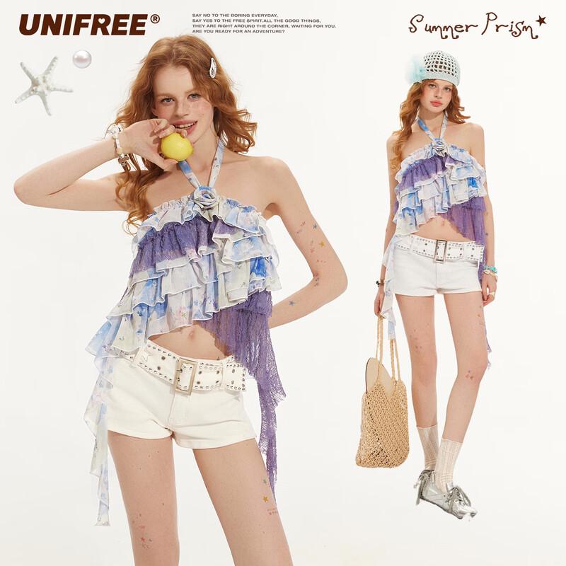 UNIFREE Floral Print Halter Crop Top L