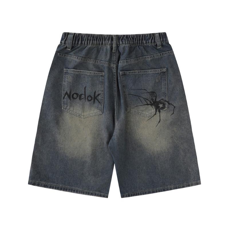 Distinctive Fashion Brand Spider Print Denim Shorts Men's Loose Casual Wash White Pants American Vintage Pants