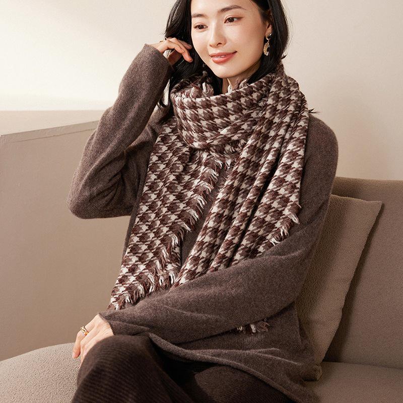 Women s 100% Pure Cashmere Houndstooth Tassel Scarf - Autumn/Winter Versatile Fashion Accessory