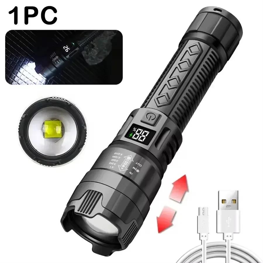 High Power Led Flashlight USB Rechargeable Torch with Display Zoomable Light with Battery Camping Hiking Lantern Emergency Lamp