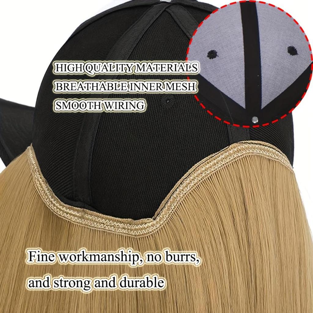Elegant Women'S Black Baseball Cap With Adjustable Hat Wig - Long Straight Synthetic Hair, One Piece