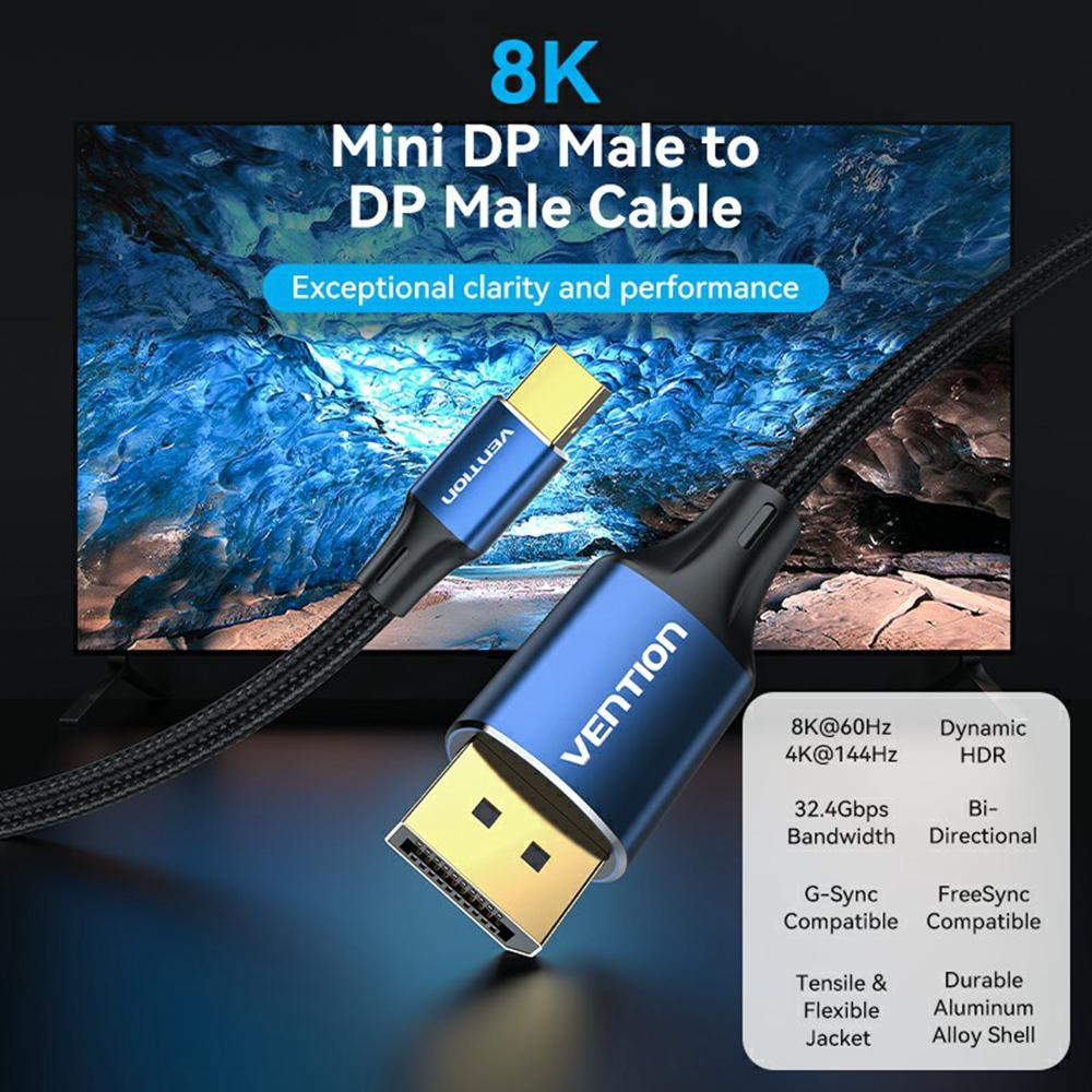 VENTION HCFLH 2m 8K/60Hz 4K/144Hz Mini DisplayPort to DisplayPort Cable Bi-Directional Mini DP to DP Wire