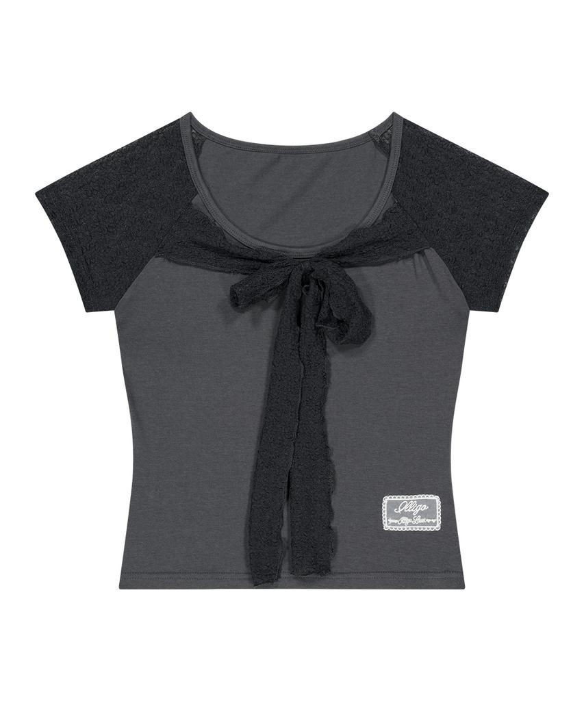 ILLIGO Lace Ribbon Contrast T-Shirt Charcoal
