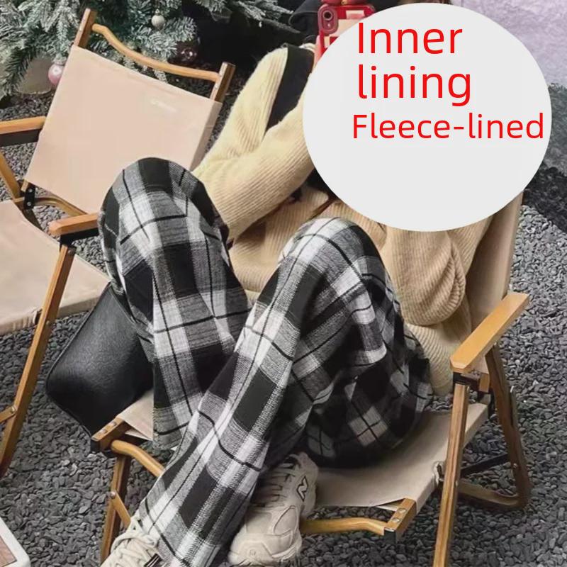 Women's Thin Fleece Pajamas & Plaid Pants - Warm, Straight-Leg, Casual & Outdoor Wear for Autumn/Winter