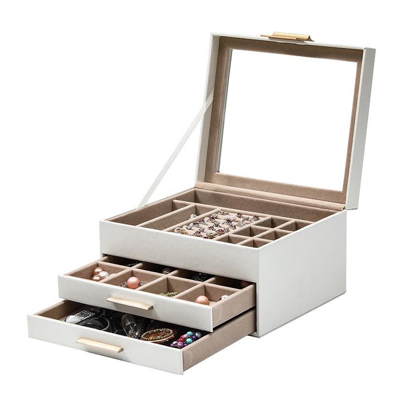 Gold Three-Layer Jewelry Box with Window for Necklaces and Earrings