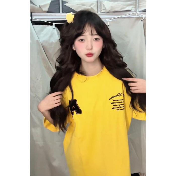 

Summer Casual Flocked Embroidery T-Shirt: American Letter Print, Pure Cotton, Loose Fit L жёлтый