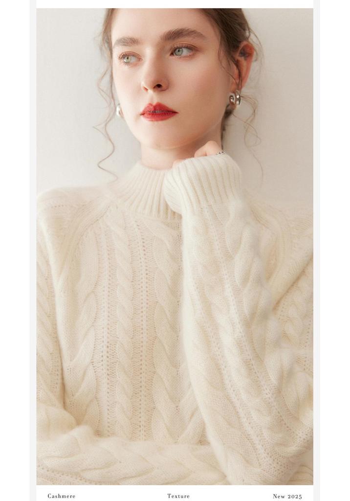 Women's Retro Cable Knit High-Neck Cashmere Sweater: Thickened, Slimming Pullover with Twisted Pattern, Perfect for Autumn and Winter.