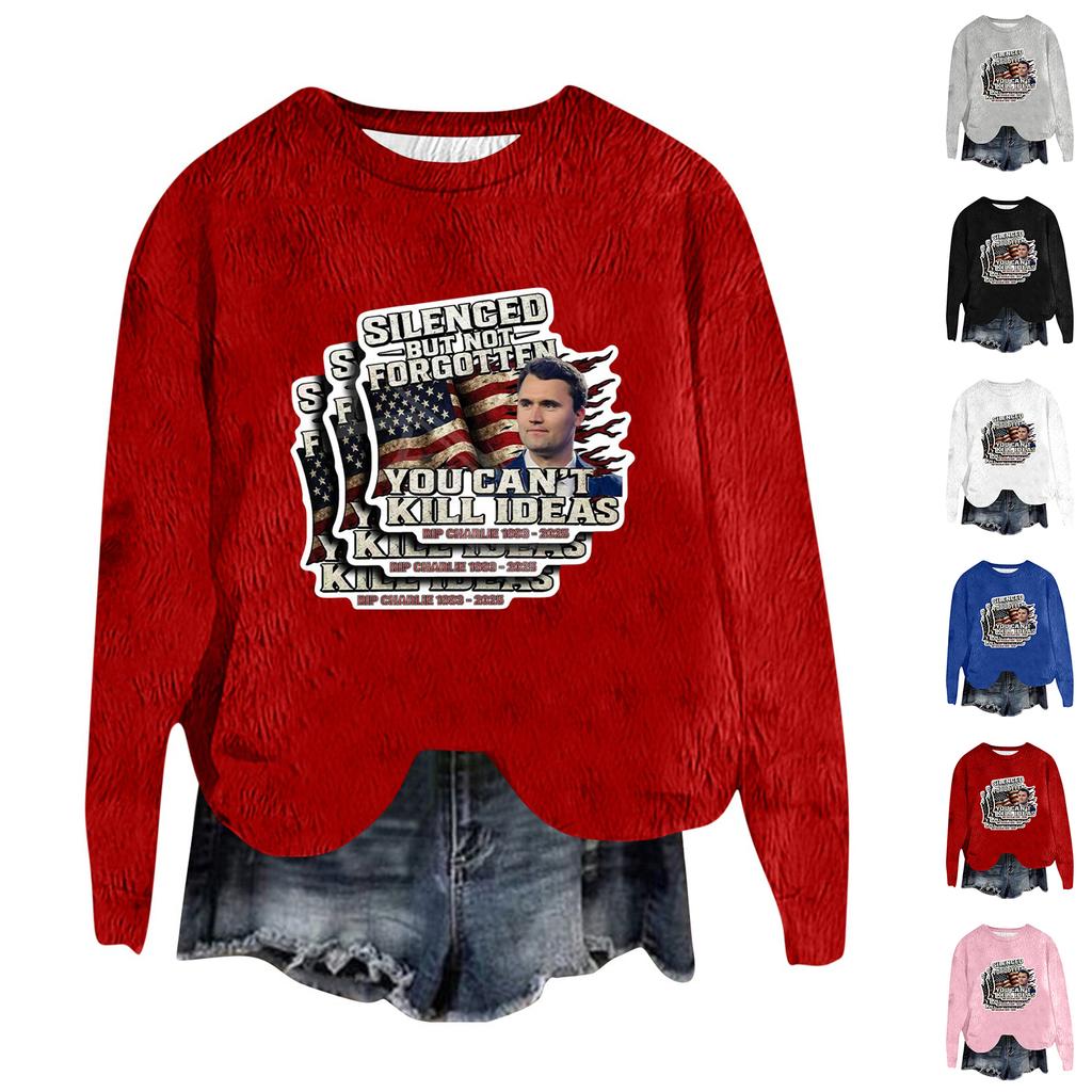 Women's Fashion Round Neck Pullover Top Long Sleeve Tee Printed Sweatshirt