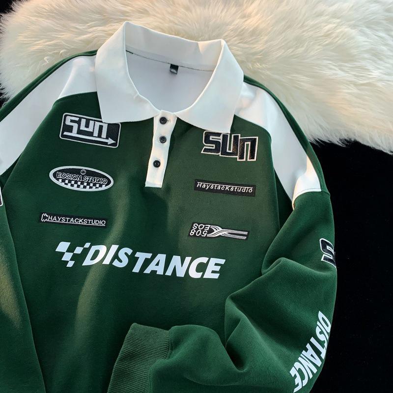 VantaGoods 2024 Lente/Herfst Heren Retro Polo Trui: Koreaans modemerk, lange mouwen, revers racethema 2XL donkergroene kleur