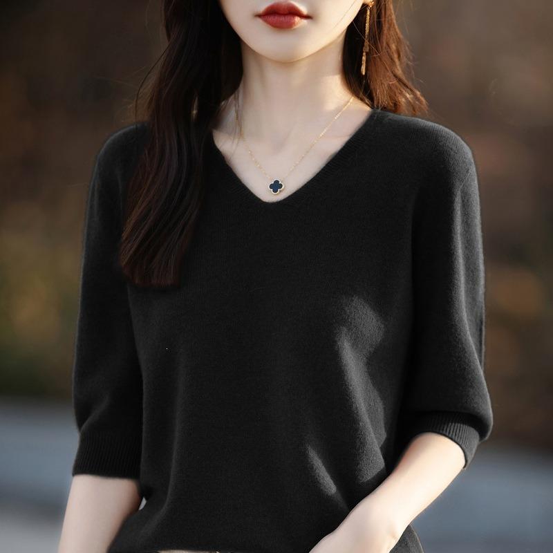 V Neck 1 2 Sleeve Loose Knit Sweater Solid Color Pullover For Women