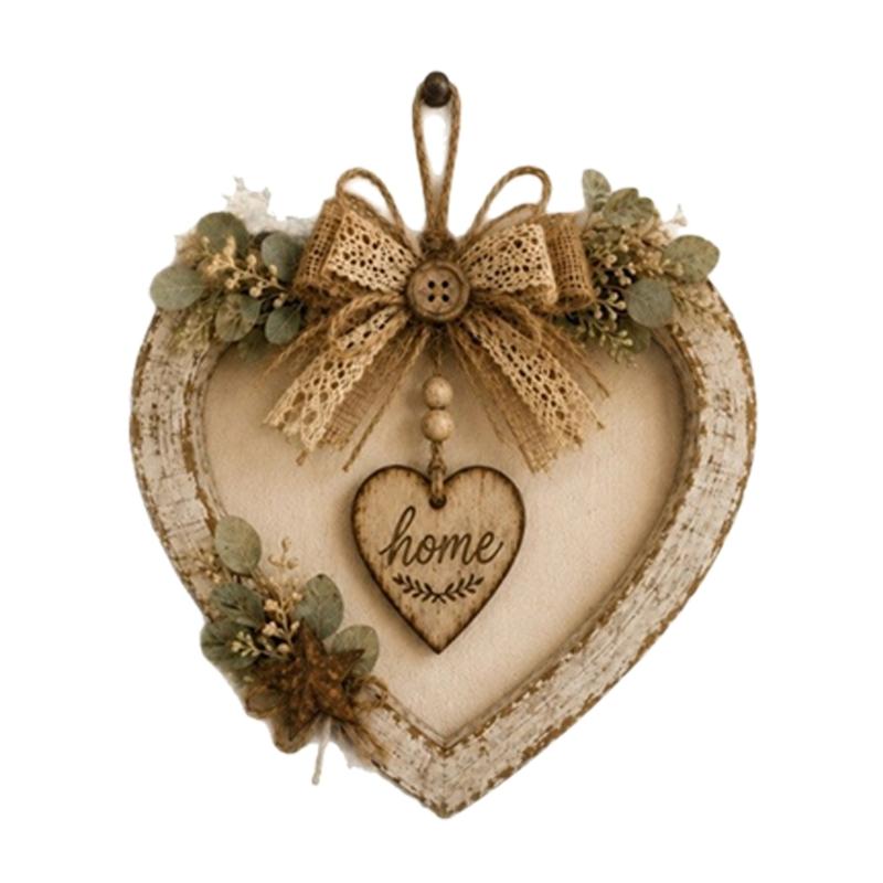 Natural Wood Heart Wall Accent with Ribbon Top and Leaf Trim for Entryway Living Area Bedroom Home Wall Display