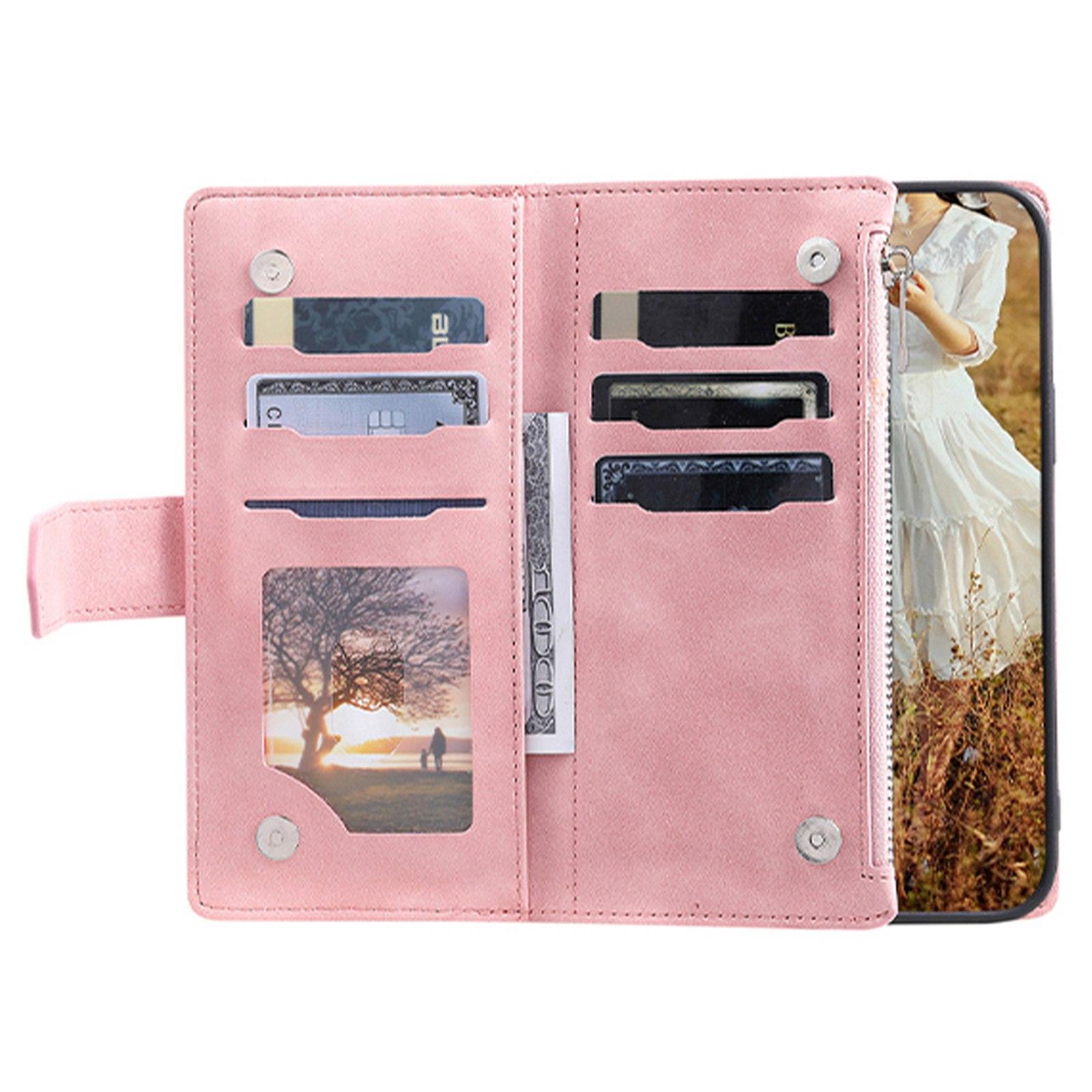 

005 Style Phone Wallet Case For iPhone 12 6.1 inch/12 Pro 6.1 inch,Card Holder Anti-drop Rhombus Texture Zipper Pocket Phone Cover Stand with Strap Pink