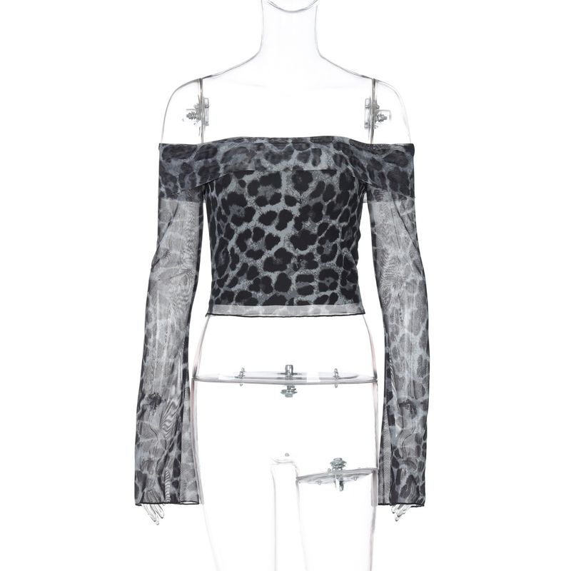 Long Sleeve Printed Leopard Print Top off-Shoulder Navel Leopard Print Print Top