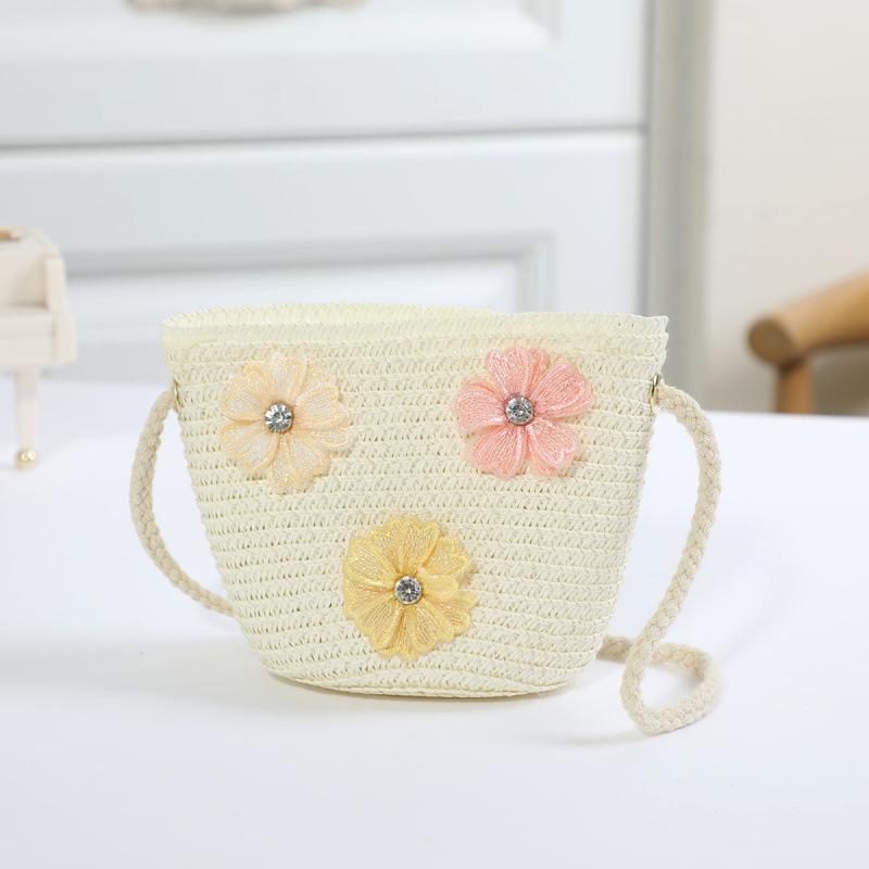 Borsa in paglia con cerniera e fiore per bambina, simpatici accessori per foto, borsa a tracolla intrecciata a mano per bambini, cestino portaoggetti, portamonete, borsa a tracolla