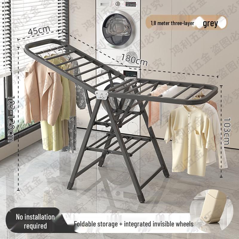 Folding Floor-Standing Clothes Drying Rack for Household, Bedroom, Balcony, Indoor Use - Ideal for Baby Clothes and Quilts.