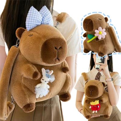 Kreativer Tier-Capybara-Plüsch-Rucksack, Puppe, Schleife, Essen, Pommes, Burger, Blume, weicher Plüsch, Umhängetasche, Geschenk für Jungen und Mädchen