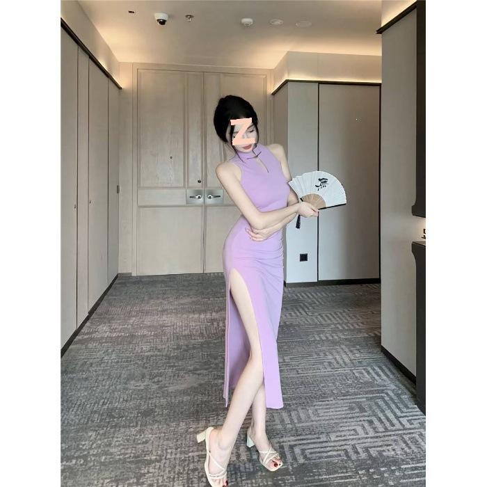 Guofeng New Chinese Improved Cheongsam Dress Dress Black Slim-fit Hips Sexy Split Shoulder Neck Dress Summer