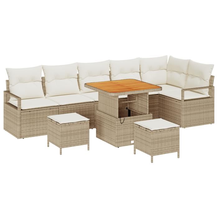 VidaXL Ensemble de Canapé de Jardin 9 Pièces avec Coussins Beige Poly Rattan Acacia 3362541