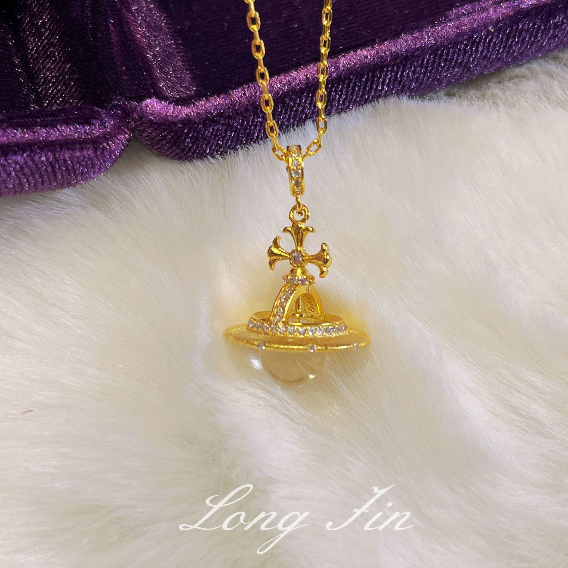 Medieval Brushed Cross Planet Necklace Earrings Premium Versatile Light Luxury Retro Pull Collarbone Chain