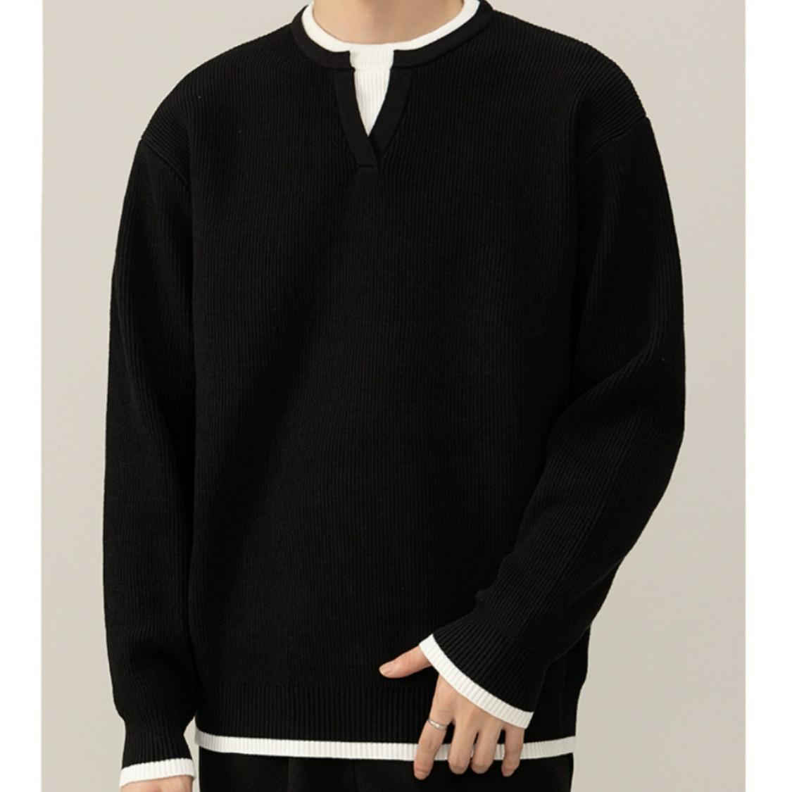 Unisex V-Neck Knit Sweater - Trendy Loose Two-Piece Look for Autumn & Winter XL