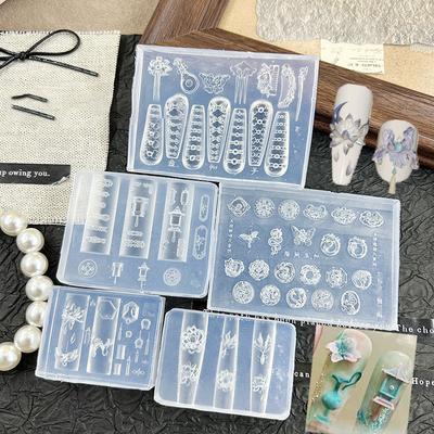 3D Silicone Nail Art Mold Template Lotus Lantern Goldfish Plate Buckle Carving Stencil Tool Diy Design Manicure Charm Decor
