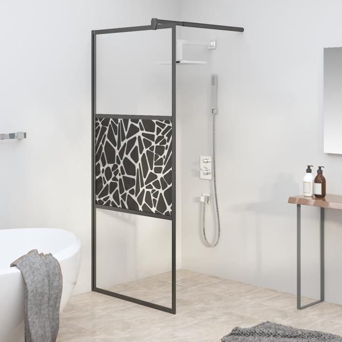 VidaXL Shower Wall 90x195 Cm ESG Glass with Stone Design Black 151881