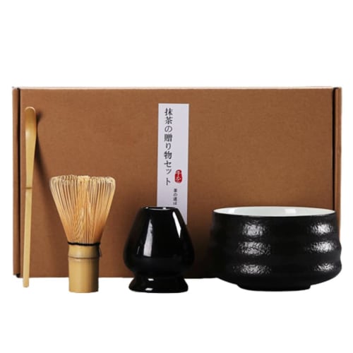 4-Piece Tea Ceremony Set with 100-Stand Chasen, Chasen Stand, Chashaku, Chasa (Tea Scoop), and Matcha Bowl, Includes Chasen Straightener, Chasen Rest,