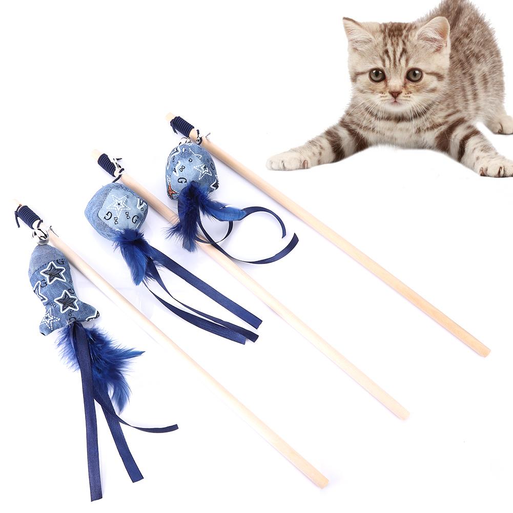Buy 3 Pcs Wood Pet Cat Teaser Dangler Toy Rod Stick with Feather Bell