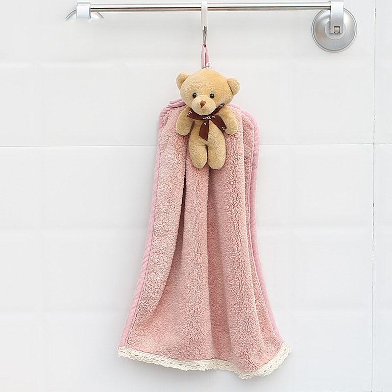 Cute Bear Quick-Dry Hand Towel Coral Fleece Holdable Kitchen Toilet Towel Absorbent Wipe Plush Hand Towel Bathroom Hanging Towel