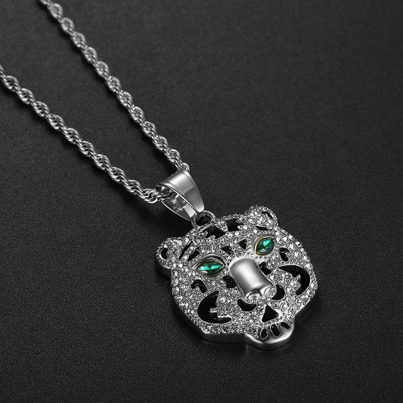 Megin D Stainless Steel Titanium Hip Hop Punk Iced Out Green Eye Tiger Head Pendant Collar Chains Necklace for Men Women Jewelry