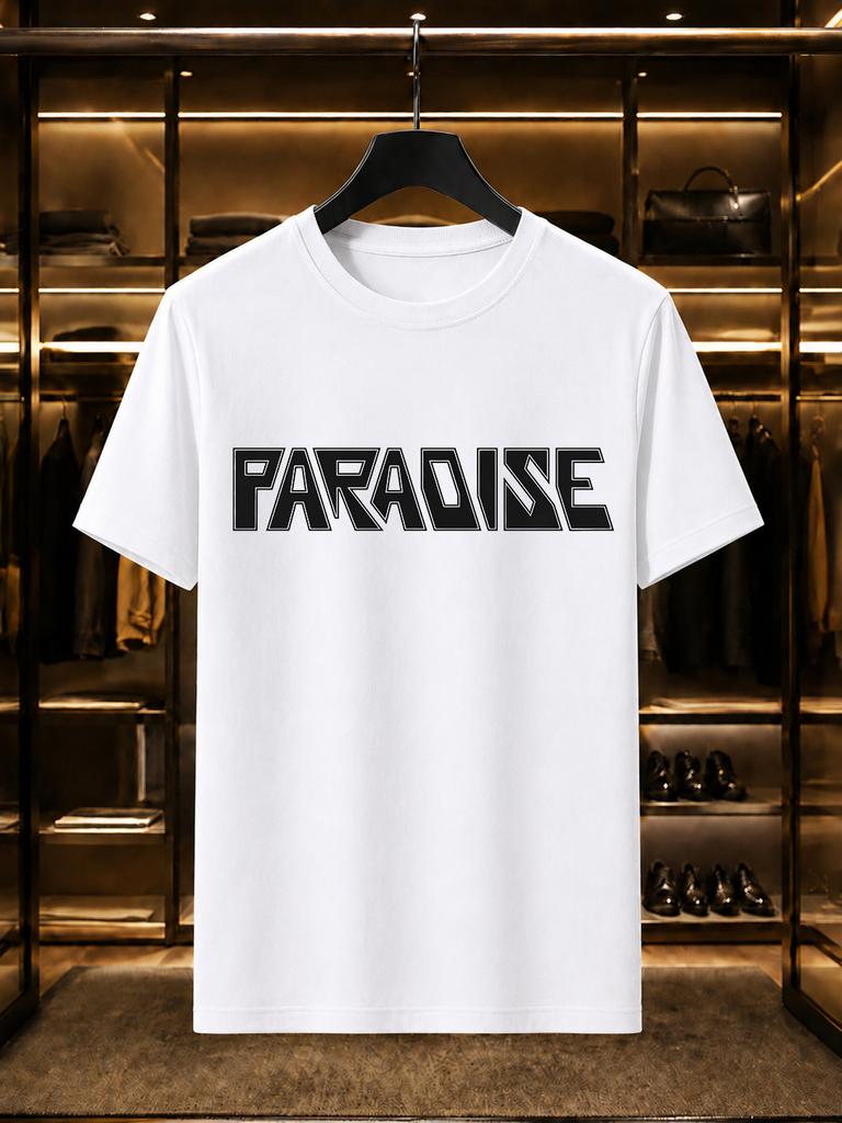 2026 New 100 Cotton Tshirt Paradise Bold Block Letter Print Tee Vintage Minimalist Streetwear Casual Short Sleeve