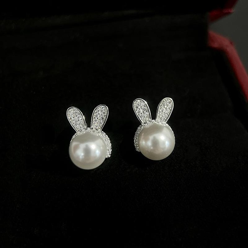 Women's Pearl Rabbit Earrings with Diamonds and Ladies