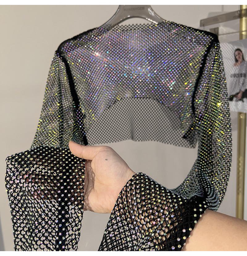 2023 Kleurrijke Strass Uitgesneden Cropped Top - Slank Makend T-shirt met Lange Mouwen voor Dames