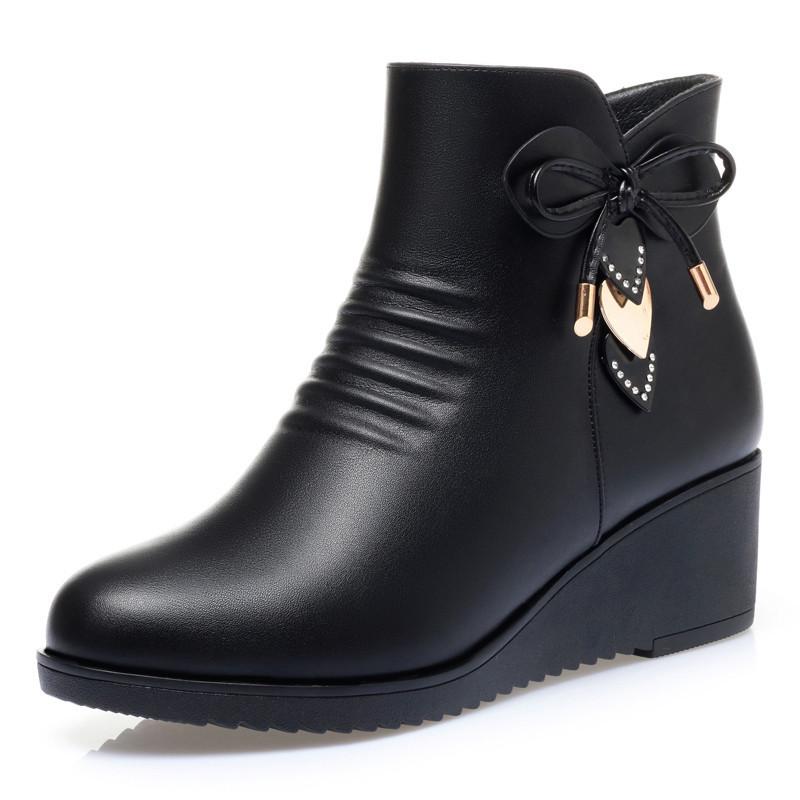 Autumn Winter Women’s Non-Slip Wedge Heel Ankle Boots - Warm Velvet Lined for Mature & Elderly