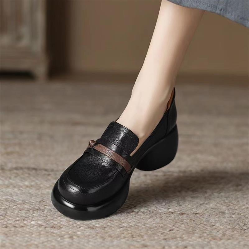 Retro platform small leather shoes new autumn single shoes lazy soft leather high heel thick heel
